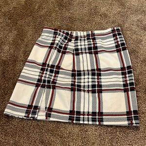Red, Black, White plaid skirt with thigh slit